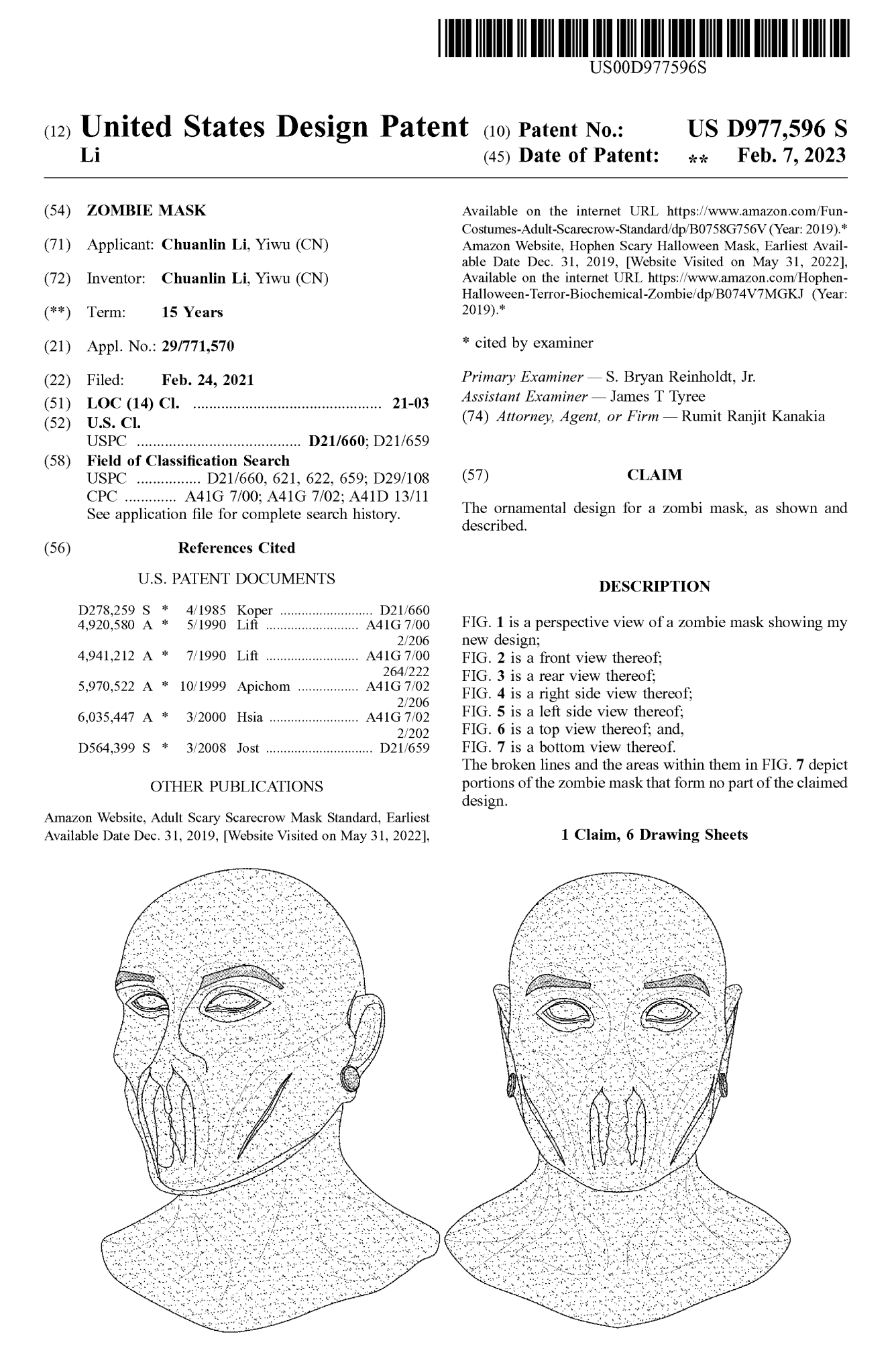 US Design Patent — zombie/monster mask