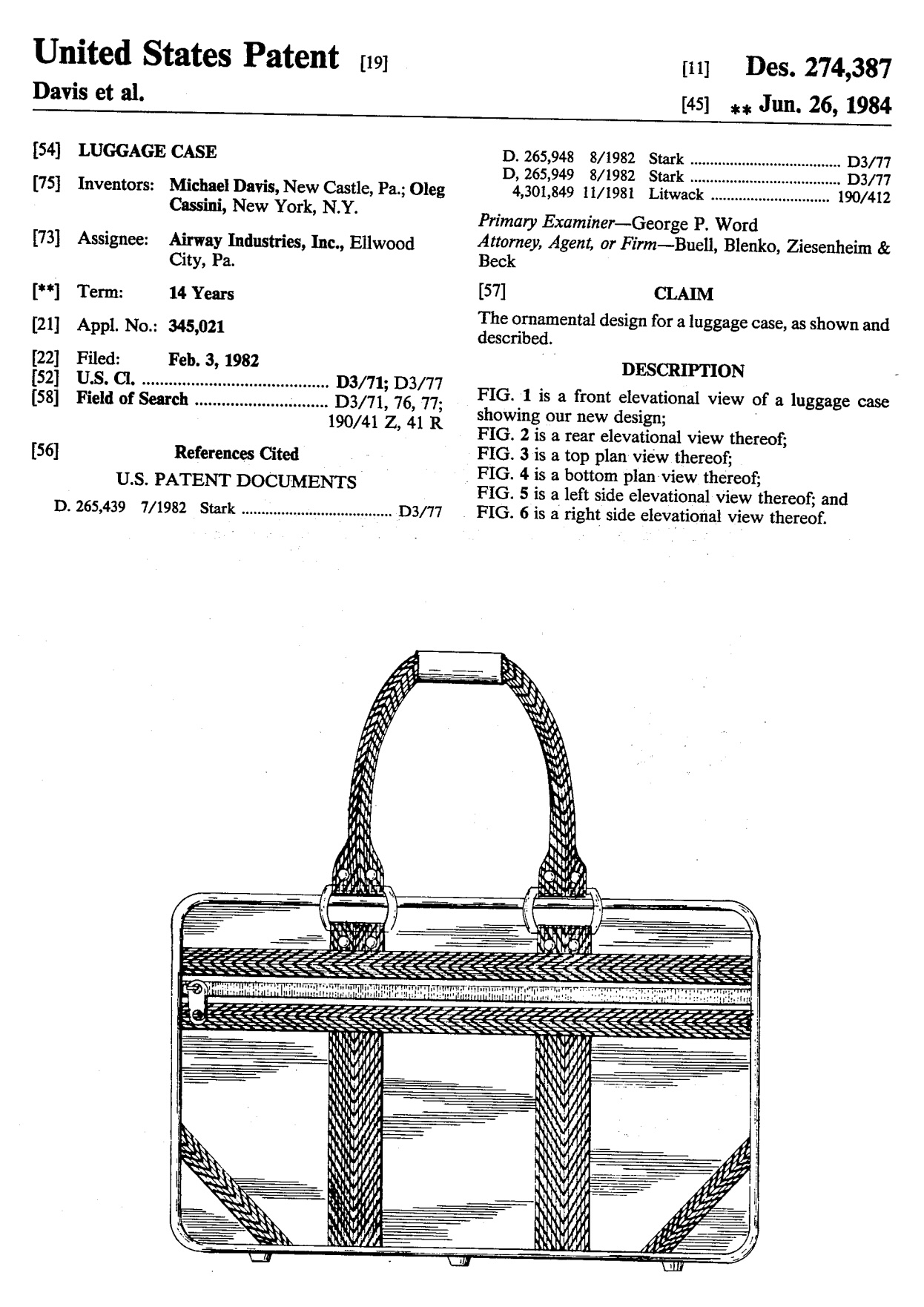 US Design Patent Des. 274,387 — Oleg Cassini luggage case