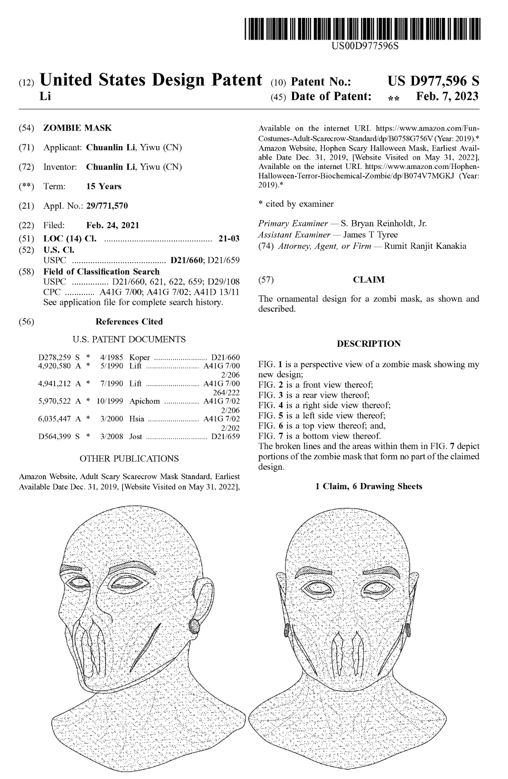 Design patents for zombie/monster masks